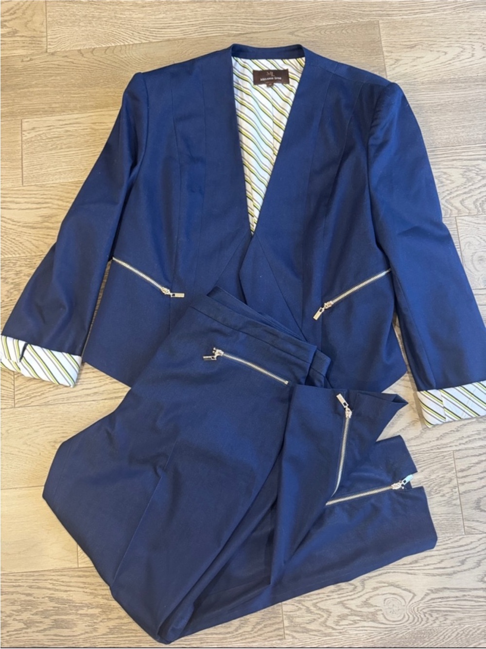 MELANIE LYNE Navy Zip-Accent Women's Blazer & Trouser Suit Set 14